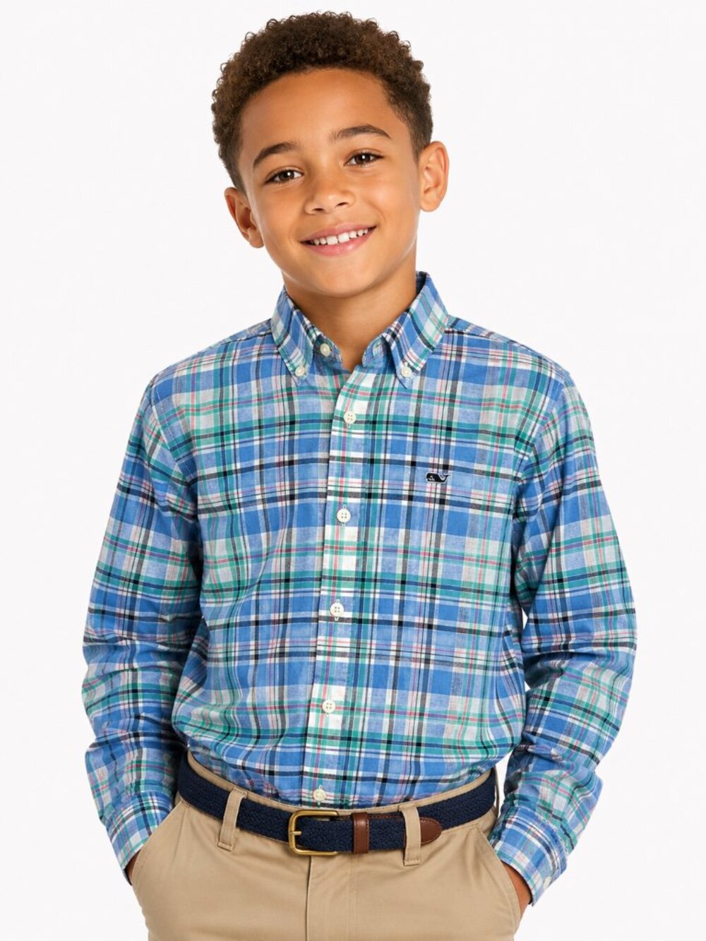 Vineyard Vines Boys Blue Plaid Whale Button-Down Shirt Size M (12-14)